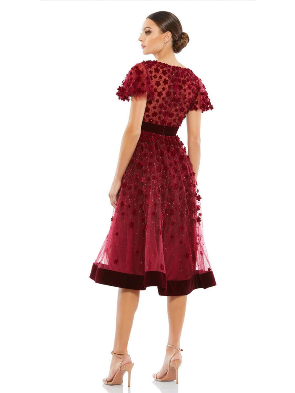 New Mac Duggal EMBELLISHED BUTTERFLY SLEEVE VELVET HEM MIDI DRESS Burgundy Sz 2 - Picture 2 of 9